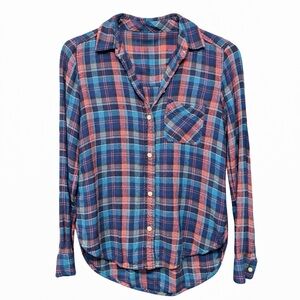 American Eagle Outfitters • Boyfriend Fit Plaid Flannel • Blue & Coral • Size XS